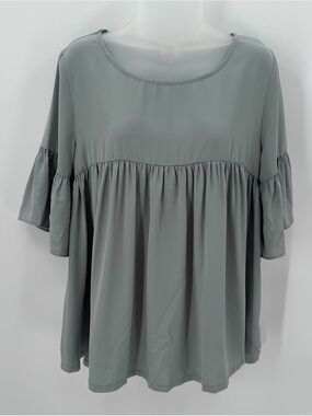 Wishlist Apparel Top Womens S/M Flared Sleeve Flowy Muted Blue Green Babydoll